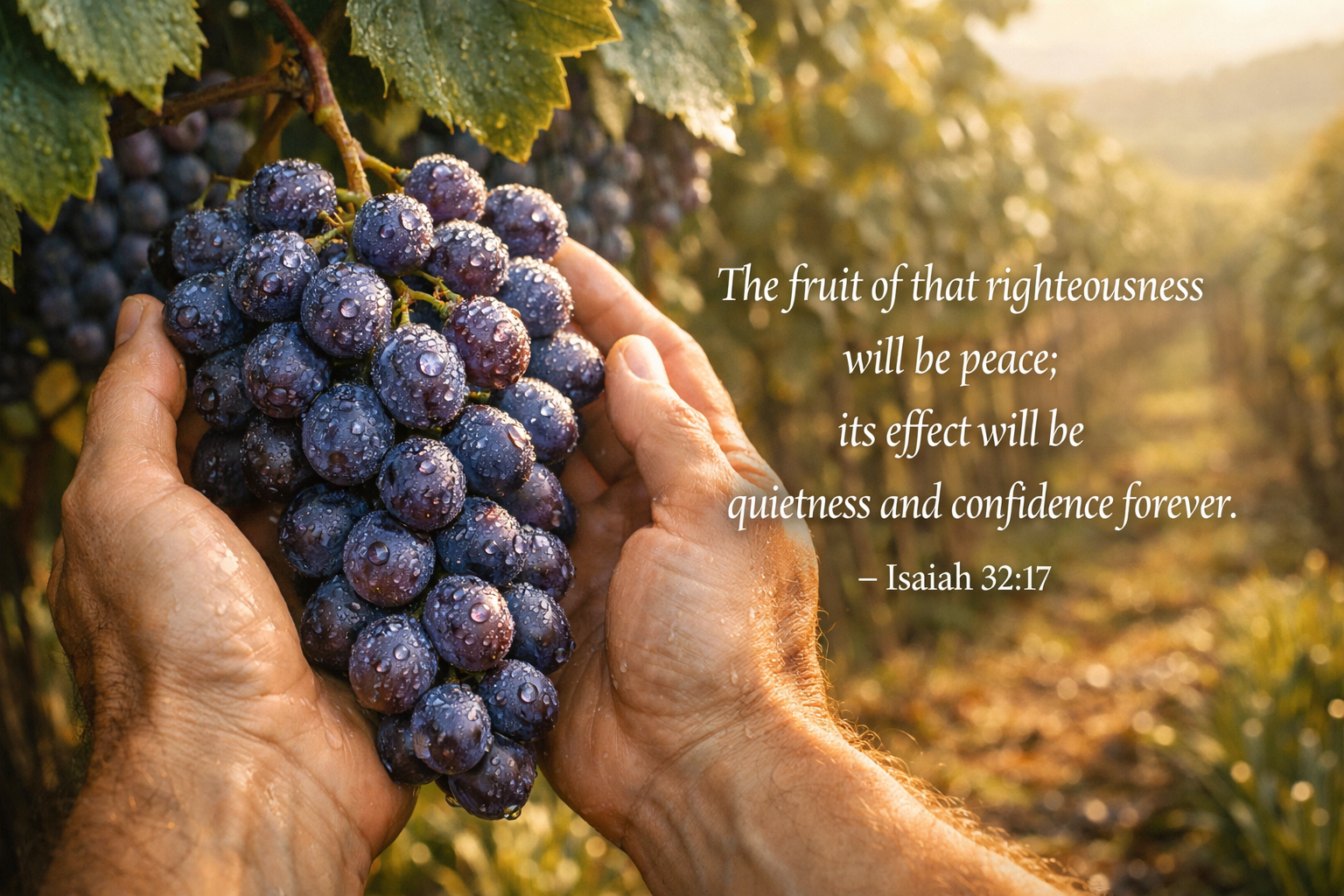 Bible verse wallpaper Isaiah 32:17 with hands holding perfect cluster of grapes on vine in morning dew